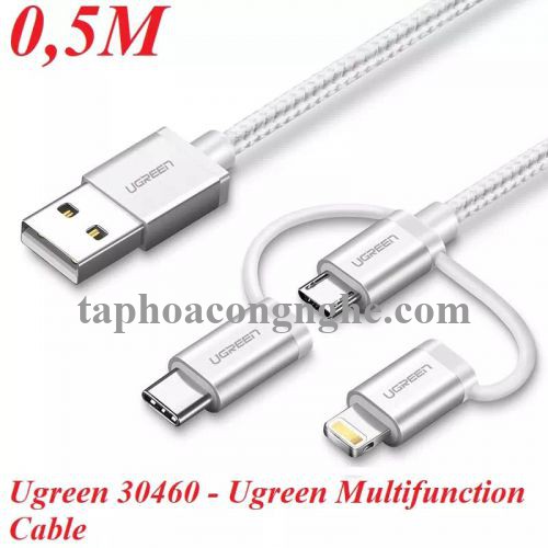 Ugreen 30460 0.5M màu Trắng Cáp sạc đa năng USB sang TypeC + Micro + Lightning US186 30030460